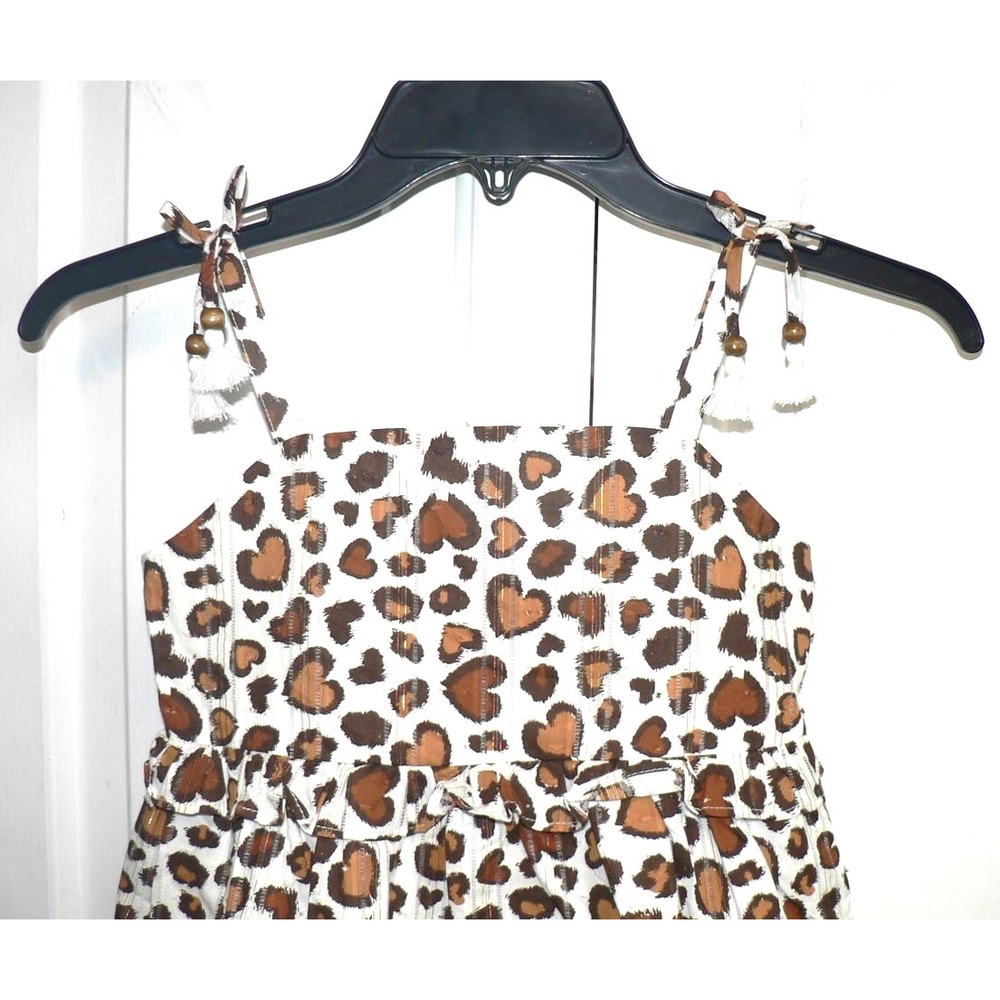 Rachel Zoe Girls Sleeveless Tiered Bow Shoulder Dress Brown Animal Hearts Size 5 - Picture 2 of 8